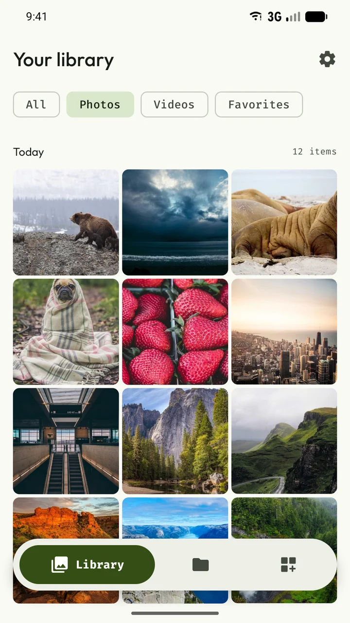 Frame photo gallery with a day-grouped photo grid, media filters and floating navigation.